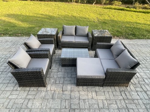 Fimous Garden Furniture Sets 8 Pieces Outdoor Rattan Furniture Manual Wicker Patio Sofa Chair Set with Coffee Table 2 Side Tables Big Footstool Dark Grey Mixed