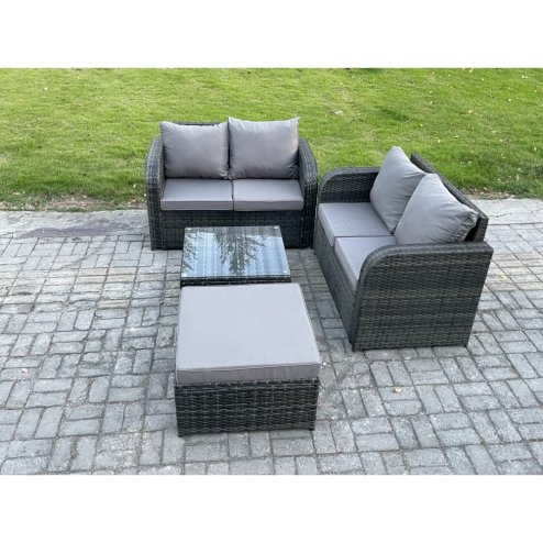 Fimous Rattan Sofa Set Outdoor Garden Furniture Set with Square Coffee Table Loveseat Sofa Big Footstool Dark Grey Mixed