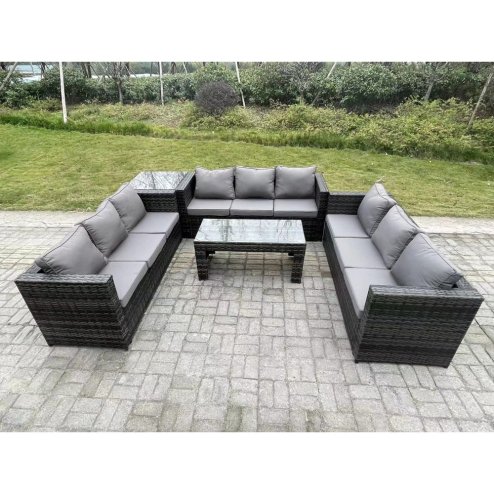 Fimous Outdoor Rattan Garden Furniture Lounge Sofa Set With Oblong Rectagular Coffee Table And Side Table