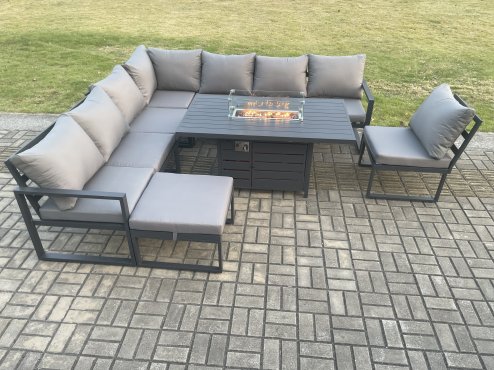 Fimous Aluminium Lounge Corner Sofa Outdoor Garden Furniture Sets Gas Fire Pit Dining Table Set with Big Footstool Dark Grey