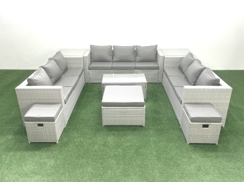 Fimous Rattan Garden Outdoor Furniture Set 12 Seater Garden Sofa Coffee Table Set with 3 Footstools 2 Side Tables Light Grey Mixed
