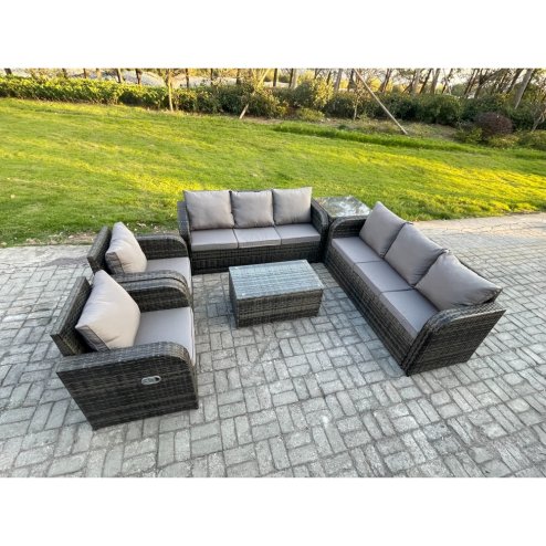 Fimous Rattan Outdoor Garden Furniture Sofa Set Patio Table & Chairs Set with 3 Seater Sofa Reclining Chair Side Table Dark Grey Mixed