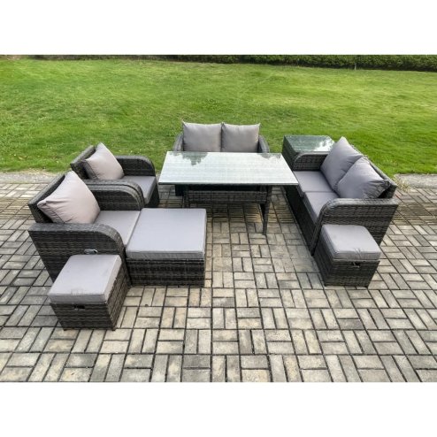 Fimous Outdoor Rattan Garden Furniture 9 piece Grey Patio Furniture Set 9 Seater Lounge Sofa Set with Rectangular Table Reclining Chairs 3 Stools Side Table