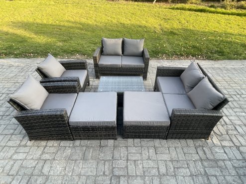 Fimous Outdoor Rattan Garden Furniture Set 8 Seater Patio Lounge Sofa Set with Coffee Table 2 Big Footstool Dark Grey Mixed
