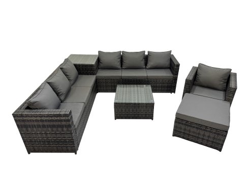 Fimous 8 Seater Garden Outdoor Rattan Furniture Set Patio Corner Sofa Coffee Table with Side Table Big Stool Dark Grey