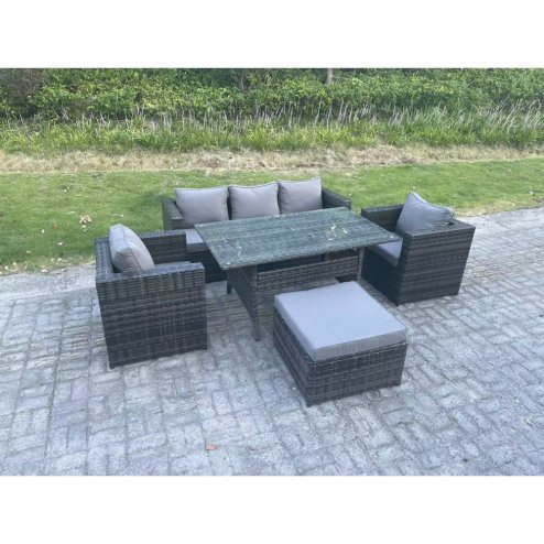 Fimous 6 Seater PE Wicker Rattan Garden Furniture Set Lounge Sofa Chair and Rectangular Dining Table Set Big Footstools Dark Grey Mixed