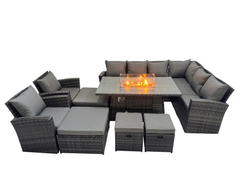 Fimous Outdoor Furniture Garden Dining Set Rattan Corner Sofa Chair Set Gas Fire Pit Table with Temper Glass 4 Footstools Dark Grey Mixed