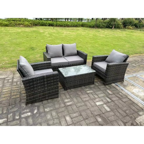 Fimous 4 Seater Grey Mixed High Back Rattan Sofa Set Rectangular Coffee Table Garden Furniture Outdoor Patio
