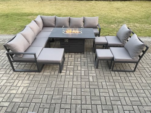 Fimous Aluminium 12 Seater Lounge Corner Sofa Outdoor Garden Furniture Sets Gas Fire Pit Dining Table Set with 3 Footstools Dark Grey