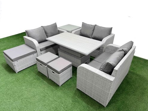 Fimous 9 Seater PE Wicker Rattan Furniture Sofa Sets with Adjustable Lifting Dining or Coffee Table 2 Seater Love Sofa 3 Stool Side Table Light Grey