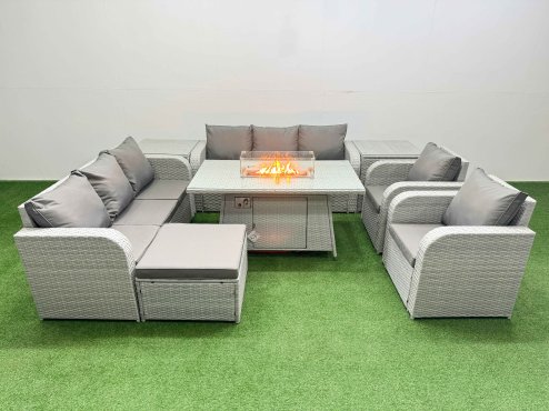 Fimous PE Rattan High Back Lounge Sofa Set Patio Firepit Dining Table & Chairs Set with 3 Seater Sofa Reclining Chair Big Footstool 2 Side Table Light Grey
