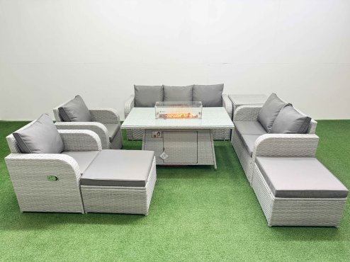 Fimous PE Rattan Garden Furniture Set Reclining Chair Sofa Double Love Seat 2 Seater Sofa Lounge Set Firepit Dining Table 2 Big Footstool Side Table Light Grey