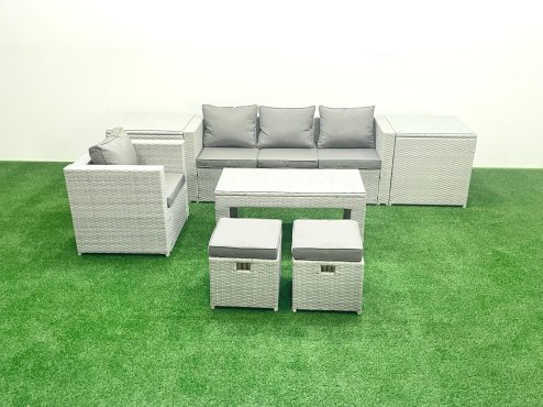 Fimous Rattan Garden Furniture Set Outdoor Lounger Sofa with Coffee Table 2 Small Footstools 2 Side Tables Light Grey Mixed