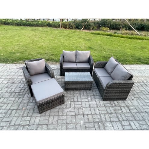Fimous High Back Rattan Garden Furniture Set with Loveseat Sofa Rectangular Coffee Table Big Footstool Indoor Outdoor Patio Lounge Sofa Set Dark Grey Mixed