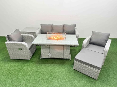 Fimous PE Rattan Garden Furniture Set Reclining Chair Sofa Lounge Sofa Set Firepit Dining Table Side Table Big Footstool Light Grey