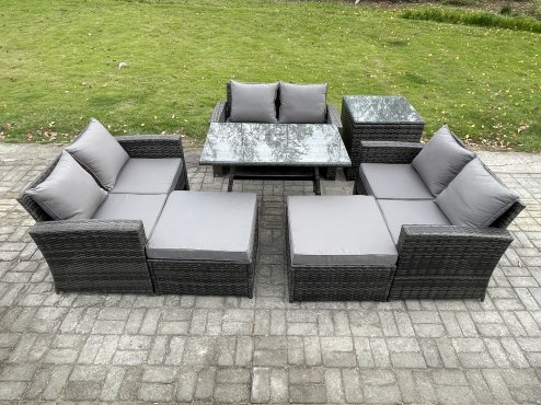 Fimous Outdoor Lounge Sofa Set Wicker PE Rattan Garden Furniture Set with Rectangular Dining Table 2 Seat Sofa 2 Big Footstool Side Table Dark Grey Mixed