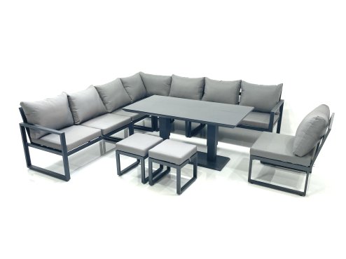 Fimous 10 Seater Outdoor Aluminum Garden Furniture Set Corner Sofa 2 Small Footstools Rising Lifting Dining Table Sets Dark Grey