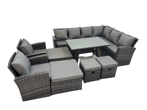 Fimous 12 Seater Garden Outdoor Rattan Furniture Set Rattan Corner Sofa Oblong Dining Table with 2 Armchairs 4 Footstools Dark Grey