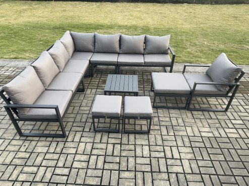 Fimous Aluminium Outdoor Garden Furniture Set Lounge Corner Sofa Square Coffee Table Chair Sets with 3 Footstools Dark Grey