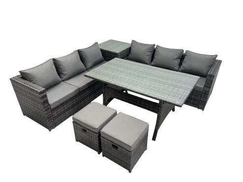 Fimous 8 Seater Outdoor Corner Sofa Dining Table Set Garden Rattan Furniture Set with Side Table 2 Small Stools Dark Grey
