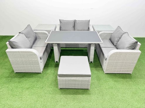 Fimous 7 Seater Patio Garden Furniture Sets with Black Glass Top Dining Table Love Sofa 2 Side Tables Big Stool Light Grey