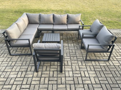 Fimous Aluminium Garden Furniture Set Outdoor Lounge Corner Sofa 3 Pcs Chair Square Coffee Table Sets Dark Grey 9 Seater
