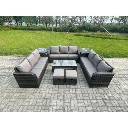 Fimous Rattan Garden Furniture Set 11 Seater Indoor Outdoor Patio Sofa Set with Coffee Table 2 Small Footstools 2 Side Tables Dark Grey Mixed