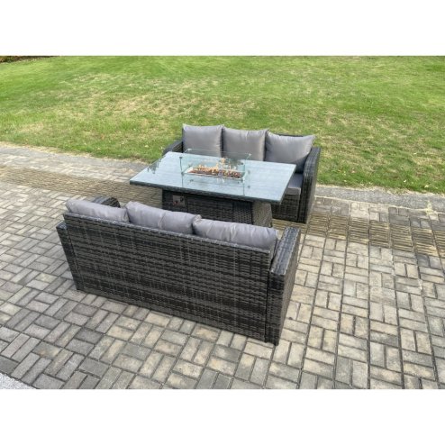 Fimous Rattan Garden Furniture Set with Fire Pit Table 3 Pieces Outdoor Lounge Sofa Set Dark Grey Mixed