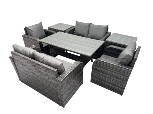 Fimous 6 Seat Outdoor Wicker PE Rattan Garden Furniture Set Dining Table Sofa Sets with 2 Side Tables Dark Grey Mixed