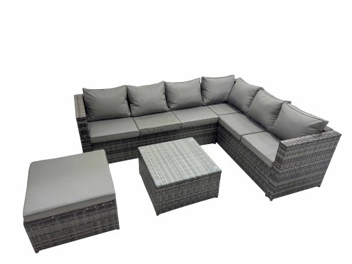 Fimous Outdoor PE Rattan Garden Furniture Sofa Set with Square Coffee Table Big Stool Dark Grey