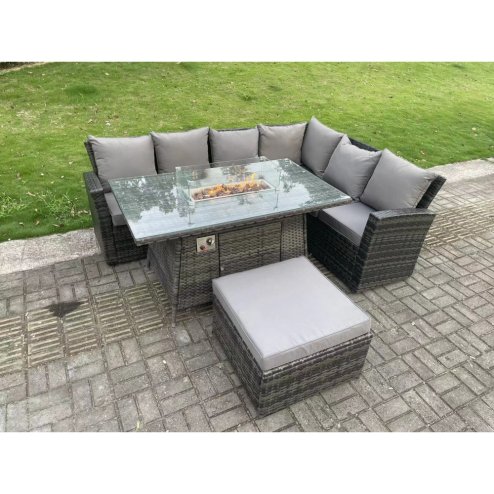 Fimous 7 Seater?Outdoor High Back Rattan Gas Fire Pit Corner Sofa Dining Set Garden Furniture Heater Dining Table Dark Grey Mixed Right Side