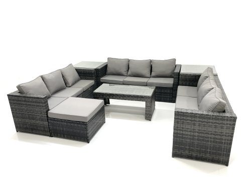 Fimous Outdoor Garden Furniture Set 10 Seater Rattan Sofa Set with Coffee Table Big Footstool 2 Side Tables Dark Grey Mixed