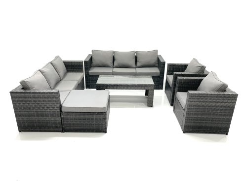 Fimous Rattan Garden Furniture Sofa Set with Coffee table Armchair Big Footstool Dark Grey Mixed