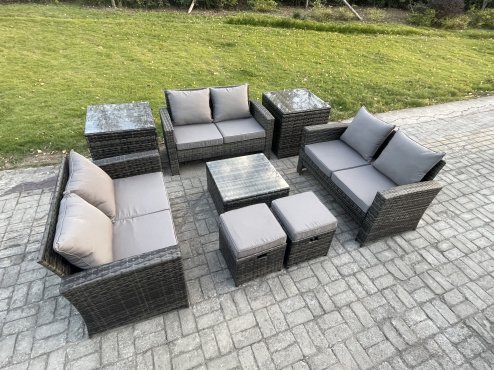 Fimous Outdoor Lounge Sofa Set Wicker PE Rattan Garden Furniture Set with Square Coffee Table Double Seat Sofa 2 Small Footstools 2 Side Tables Dark Grey Mixed