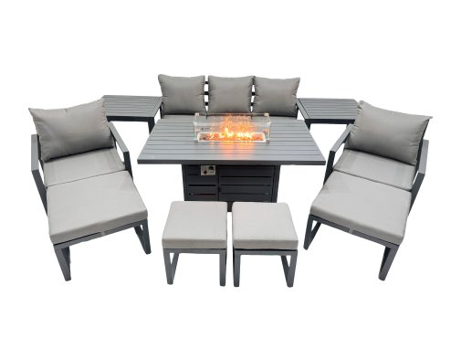 Fimous 9 Seat Outdoor Garden Furniture Set Aluminium Lounge 3 Seat Sofa Gas Fire Pit Table Sets with Chair 4 Stools 2 Side Tables Dark Grey