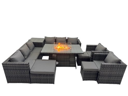 Fimous 11 Seater Garden Outdoor Rattan Furniture Set Patio Corner Sofa Gas Firepit Dining Table with Side Table 3 Stools Dark Grey