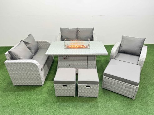 Fimous High Back Poly Rattan Garden Furniture Set with Reclining Chair Loveseat Sofa Firepit Dining Table Indoor Outdoor Patio Set 3 Stools Light Grey