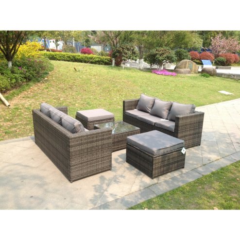 Fimous Rattan Garden Furniture Sets With 3 Seater Sofa Square Coffee Table And 2 PC Big Footstools