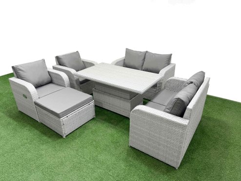 Fimous 7 Seater Outdoor Reclining Chair Love Sofa Set Rattan Garden Furniture Set with Adjustable Lifting Dining or Coffee Table Footstool Light Grey
