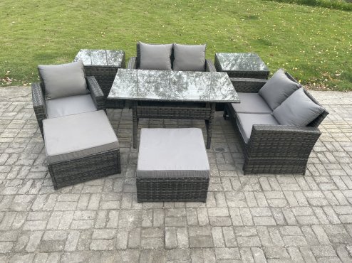 Fimous Outdoor Garden Dining Set Wicker PE Rattan Furniture Sofa with Rectangular Dining Table Double Seat Sofa 2 Side Tables 2 Big Footstool Dark Grey Mixed