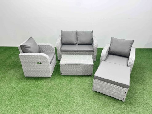 Fimous Light Grey PE Wicker Rattan Garden Furniture Set Sofa Set Reclining Adjustable Chair Rectangular Coffee Table 5 Seater With Footstool