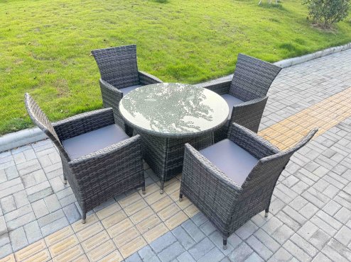 Fimous 5-Piece PE Rattan Garden Furniture 4 Seater Garden Big Round Table and Chairs for Patio Dark Grey Mixed