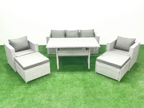 Fimous Garden Dining Set Outdoor Rattan Furniture Set with Sofa Dining Table 2 Chairs 2 Big Footstools Light Grey Mixed