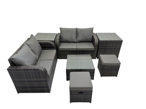 Fimous Rattan Garden Outdoor Furniture Set Love Sofa Square Coffee Table Set with 2 Side Tables 2 Small Stools Dark Grey Mixed