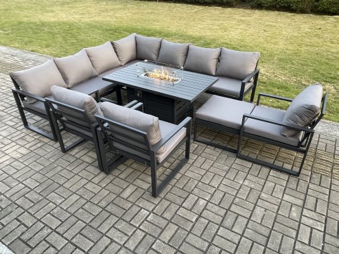 Fimous Aluminium 11 Seater Garden Furniture Outdoor Set Patio Lounge Sofa Gas Fire Pit Dining Table Set with 3 Chairs Big Footstool Dark Grey