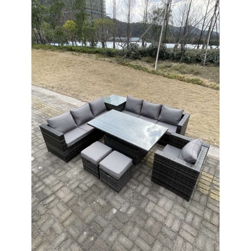 Fimous 9 Seater PE Rattan Corner Sofa Set Rising Adjustable Dining Table Set High Side Coffee Table With Arm Chair Stools