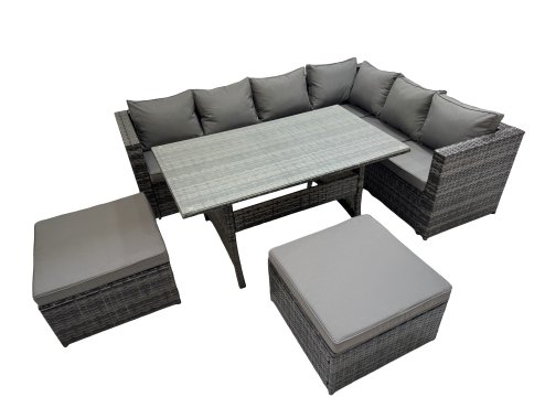 Fimous Rattan Garden Furniture Set Outdoor 8 Seater Patio Dining Corner Sofa Sets with Dining Table 2 Big Stools Dark Grey Mixed