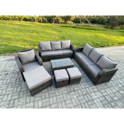 Fimous 10 Seater Rattan Lounge Sofa Set Outdoor Garden Furniture Set with Rectangular Coffee Table 3 Seater Sofa 3 Footstools Dark Grey Mixed