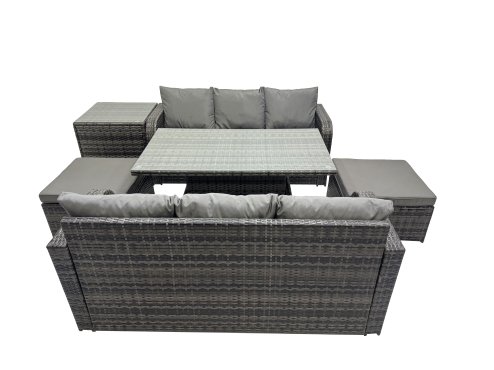 Fimous Rattan Garden Furniture Dining Set 8-seater Patio Height Adjustable Rising Lifting Table Sofa Set with Side Table 2 Big Footstool Dark Grey Mixed