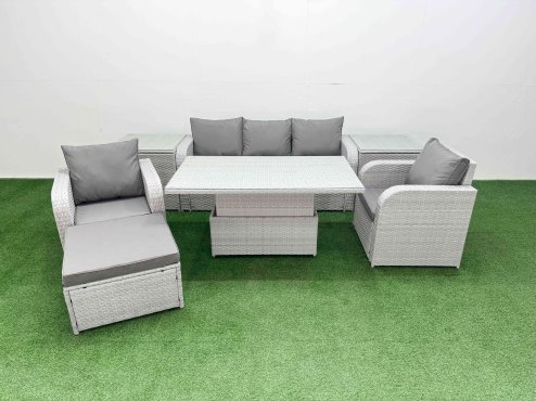 Fimous PE Rattan Garden Furniture Set Reclining Chair Sofa Lounge Sofa Set Adjustable Lifting Dining or Coffee Table 2 Side Table Big Footstool Light Grey